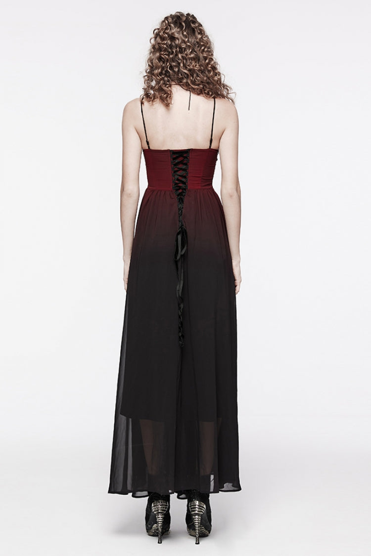 Dark Crimson Floral Embroidered Lace-Up Gothic Slip Dress