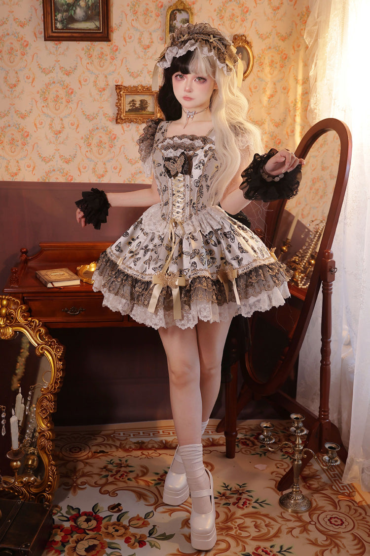 Golden Spirit Butterfly Print Sleeveless Ruffle Lace-Up JSK Dress Set