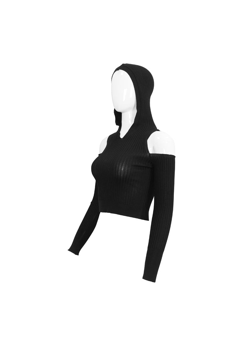 Women's Punk Wool Knit Long Sleeve Sweater with Hooded Off-The-Shoulder Back Cutout Rope String Upside Down Pentagram