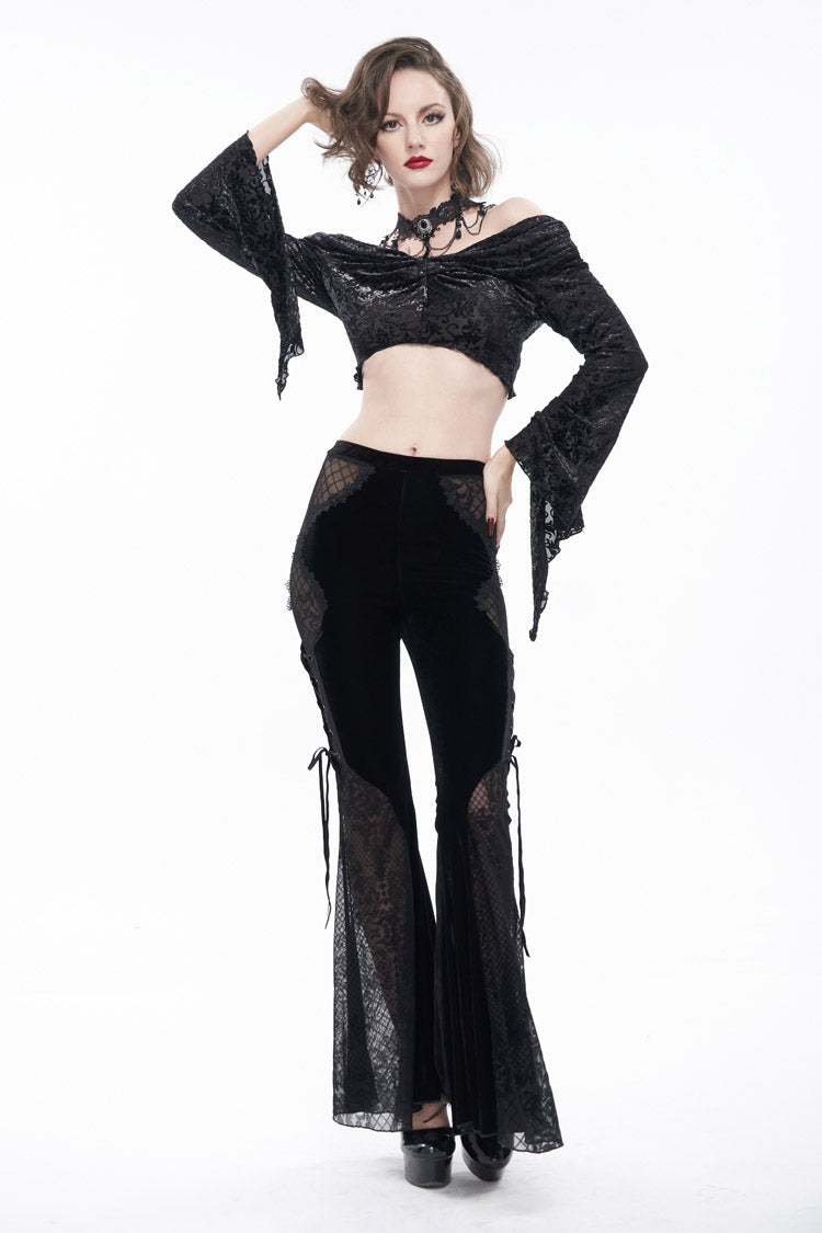 Velvet Jacquard Lace-Up Flared Gothic Trousers with Plaid Accents