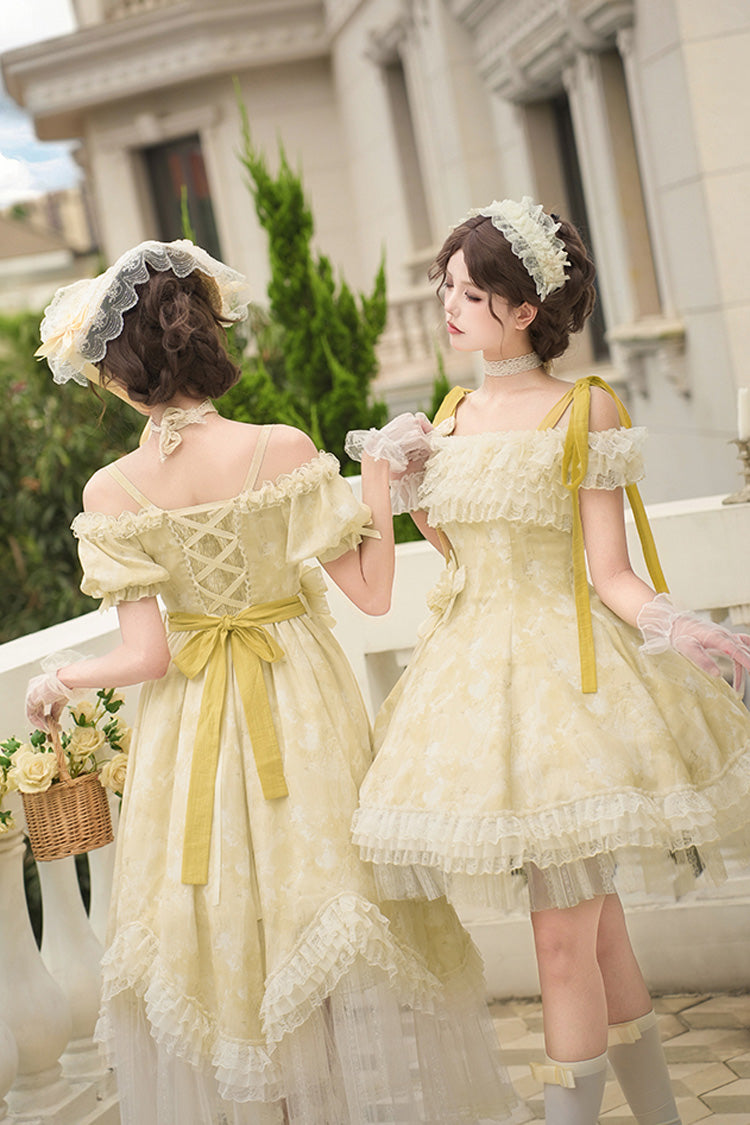 Golden Square Collar Flutter Sleeve Printed Ruffle Lace Sweet Elegant Short Dress - Falling Flowers as a Message