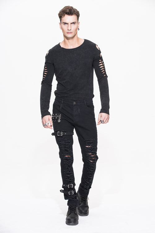 Midnight Metallic Grommet Belted Punk Trousers for Men
