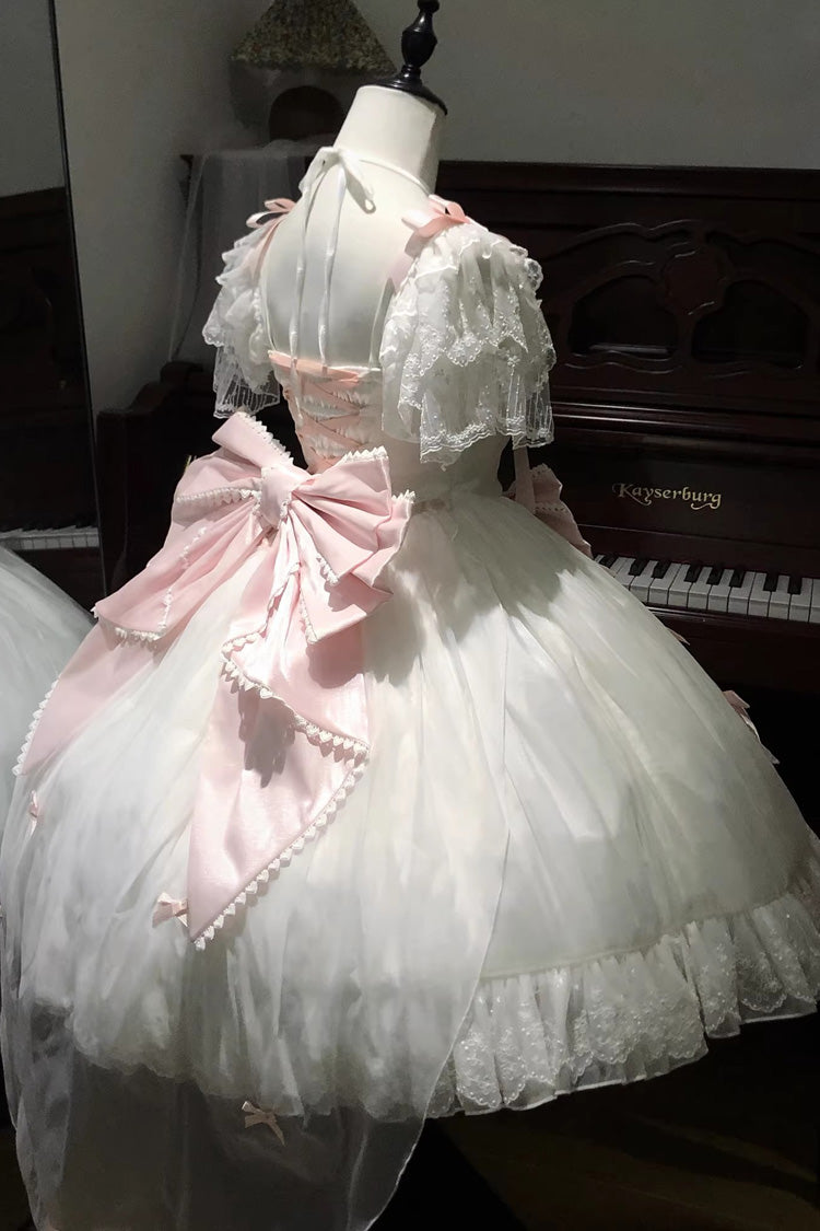 White Pink Snow of Love Ruffled Hanayome Open-Front Bow Lace Sweet Princess Dress