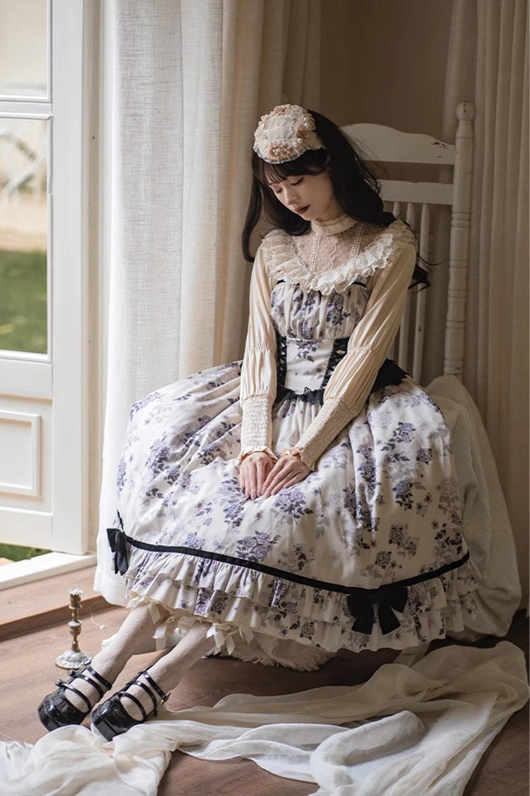 Ivory Rose Print Ruffled Dress - Elegant Princess