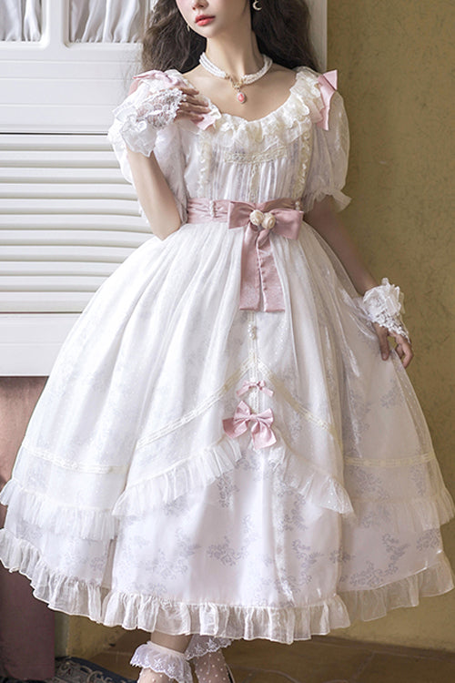 Ivory Sweet Lolita Dress with Rounded Collar and Long Hanayome Style