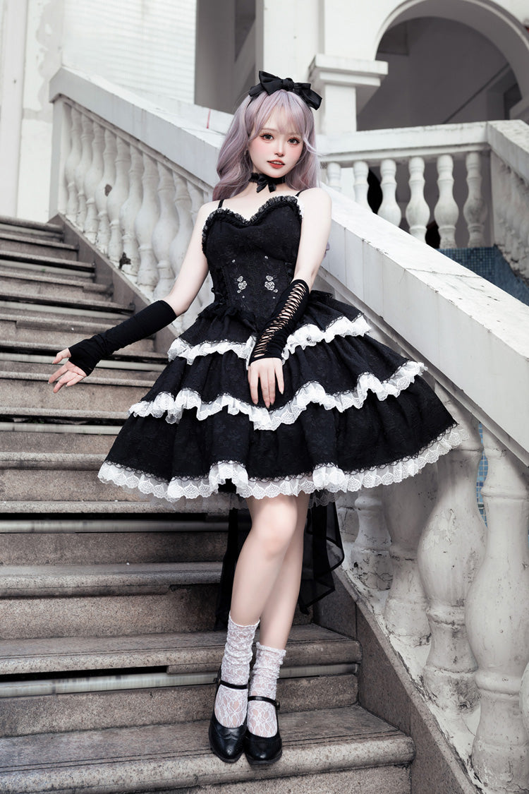 Black Triple-Layered Ruffle Embroidery Bow Gothic Lolita Jsk Dress