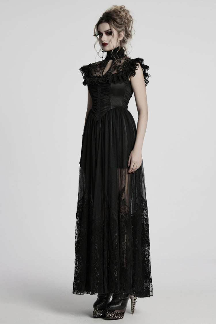 Black Stand Collar Cutout Embroidered Flocking Mesh Gothic Formal Gown