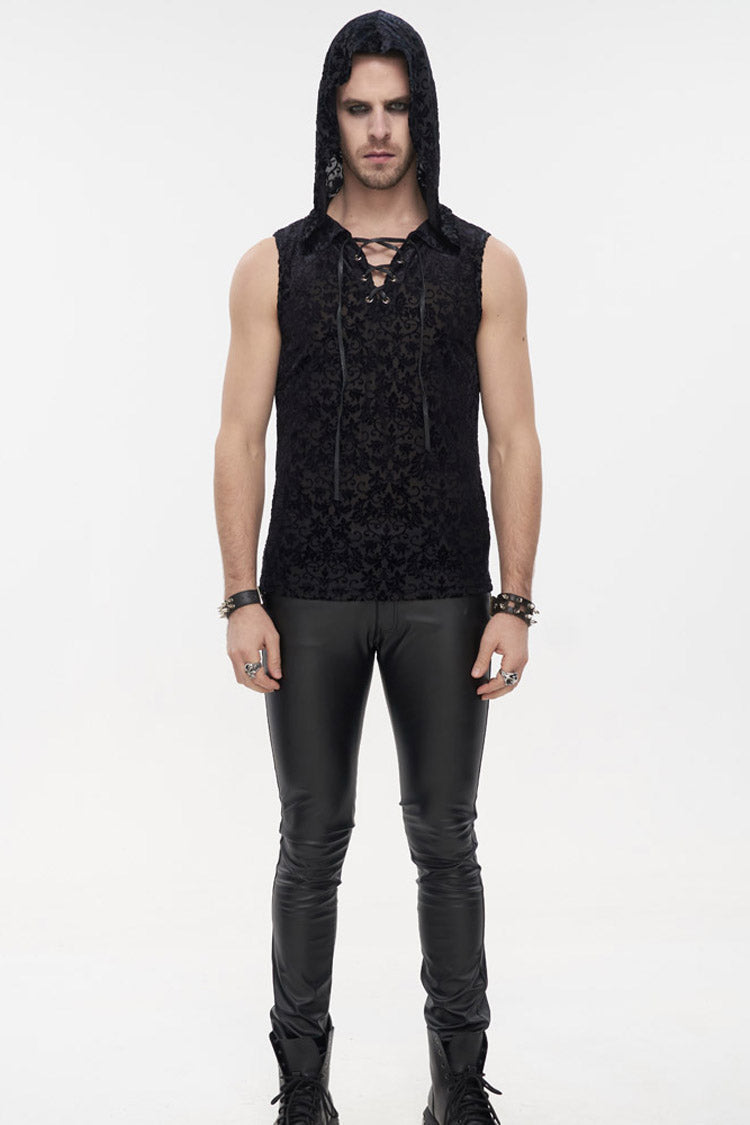 Velvet Jacquard Chest-Tie Sleeveless Punk Hoodie Shirt