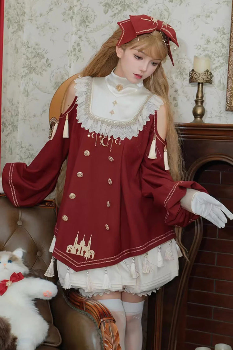 Crimson Starry Night Long Sleeve Frill Embroidery Princess Sweet Lolita Dress Complete Set
