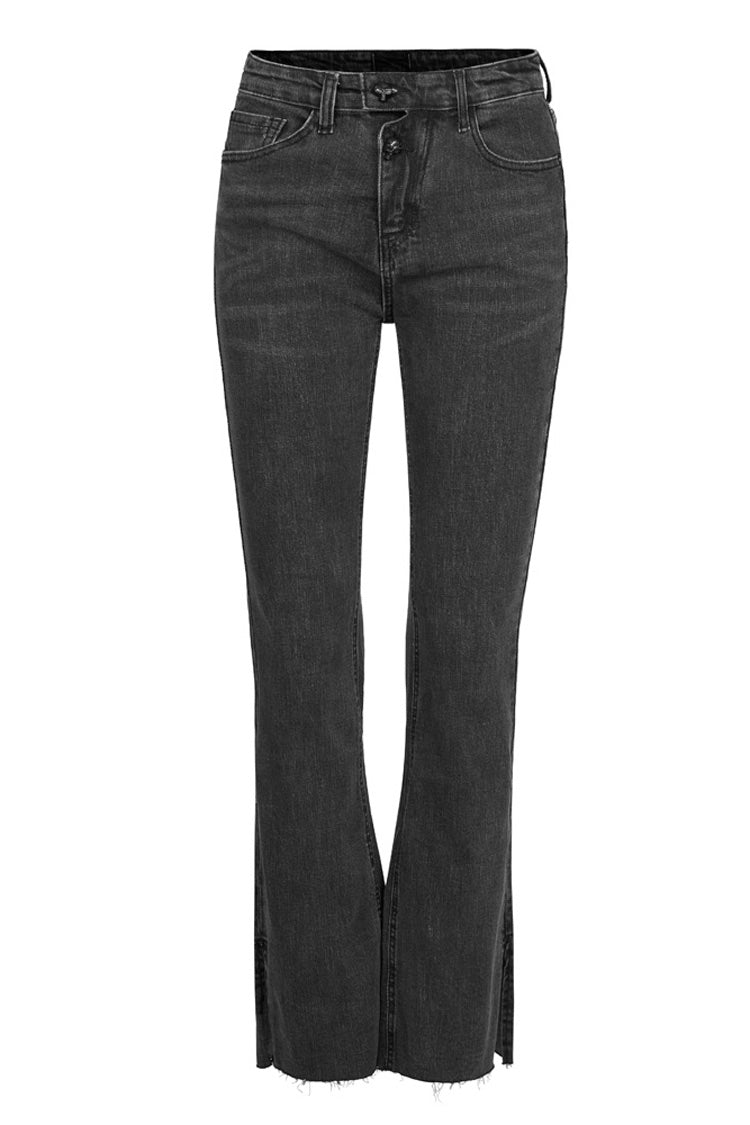 Distressed Denim Asymmetrical Flared Punk Pants with Elastic Waist