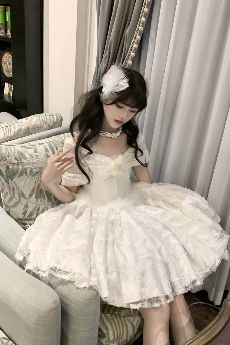 White Off Shoulder Jacquard Embroidered Bow Gothic Lolita Jsk Short Dress - Moonlight