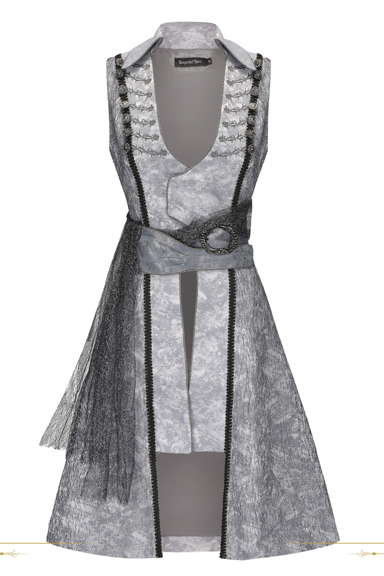 Ouji Lolita Long Coat with Elegant Prince Style, Sleeveless, Grey