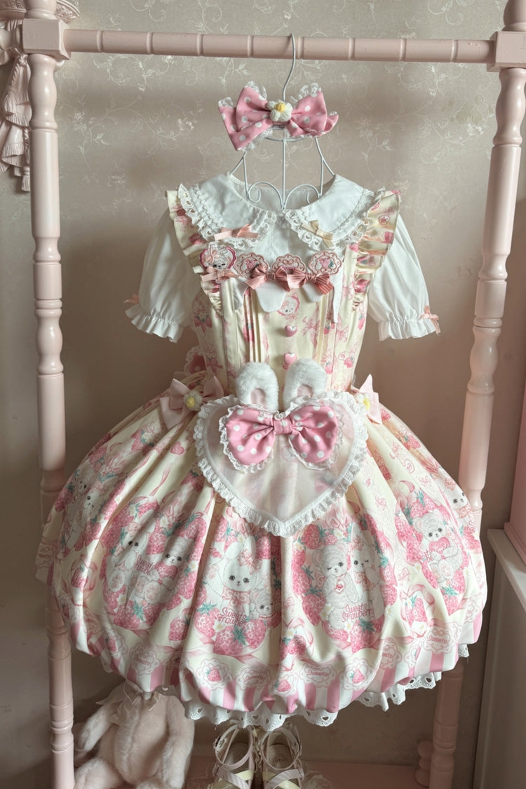 Strawberry Print Sleeveless Bowknot Sweet JSK Dress in 2 Colors - Cream Rabbit Strawberry