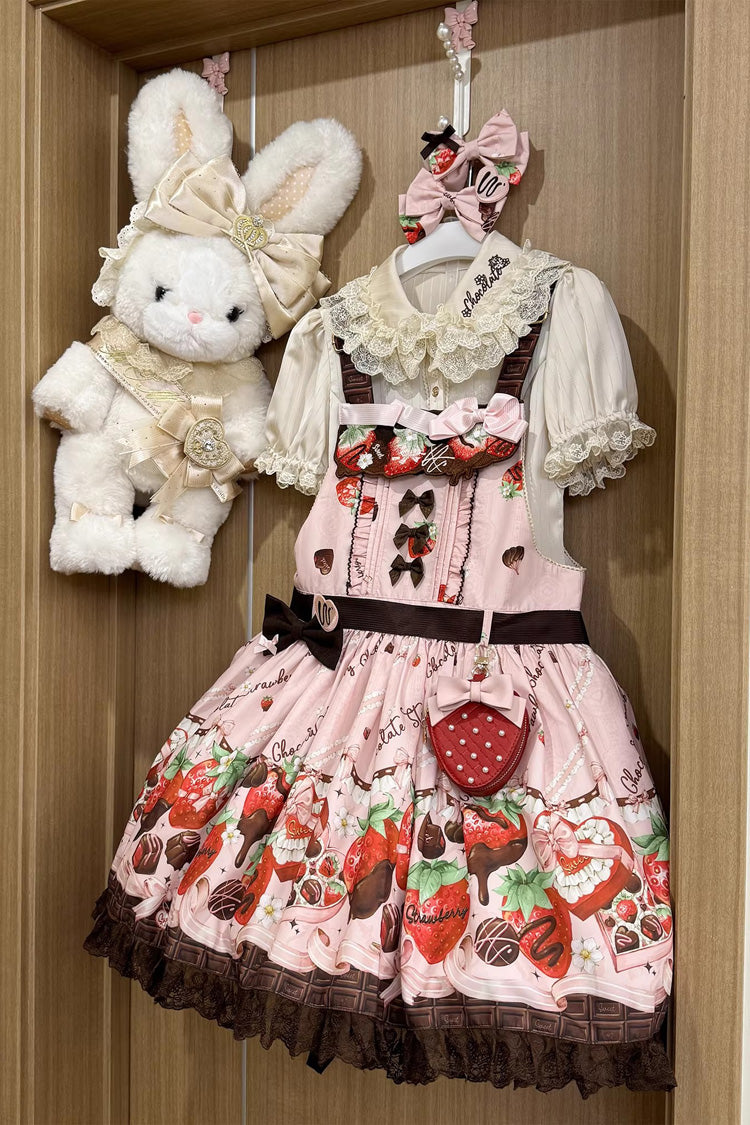 Rose Sleeveless Embroidered Bow Lace Lolita Strap Dress - Strawberry Chocolate Lover