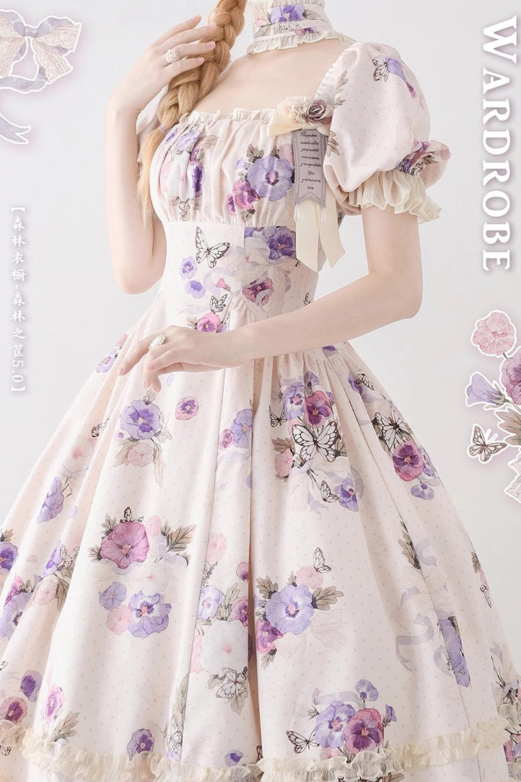 Botanical Print Ruffle-Trim Lace Summer Lolita Gown in Six Shades - Forest Basket