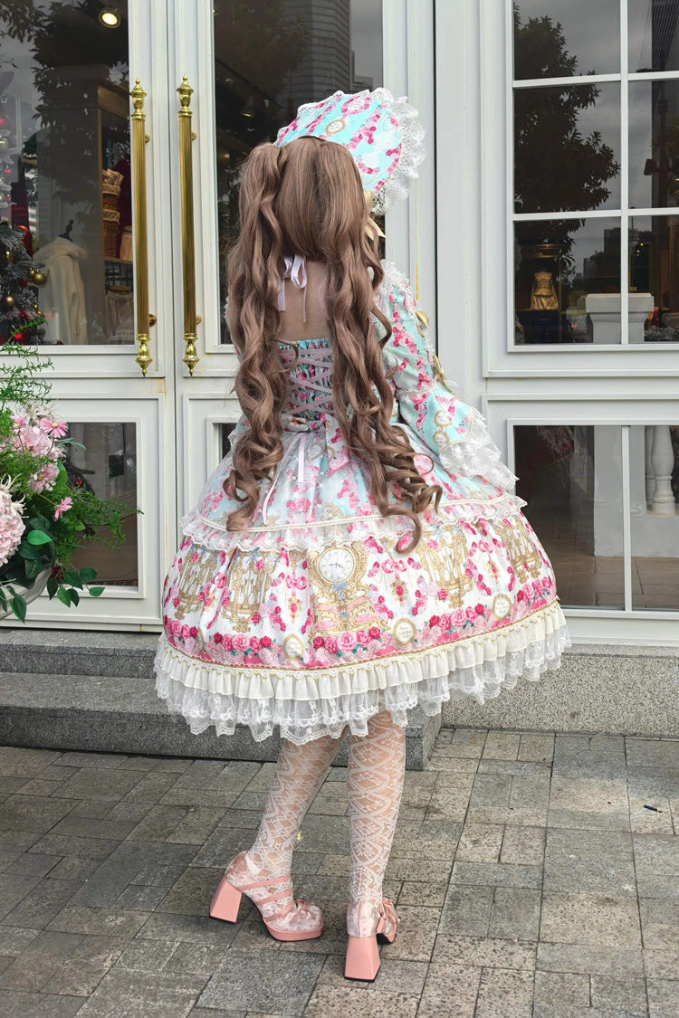 Mint Green/Pink [Rose Garden Prelude] Square Collar Long Trumpet Sleeves Printed Ruffled Bow Lace Lace-Up Sweet Lolita Dress