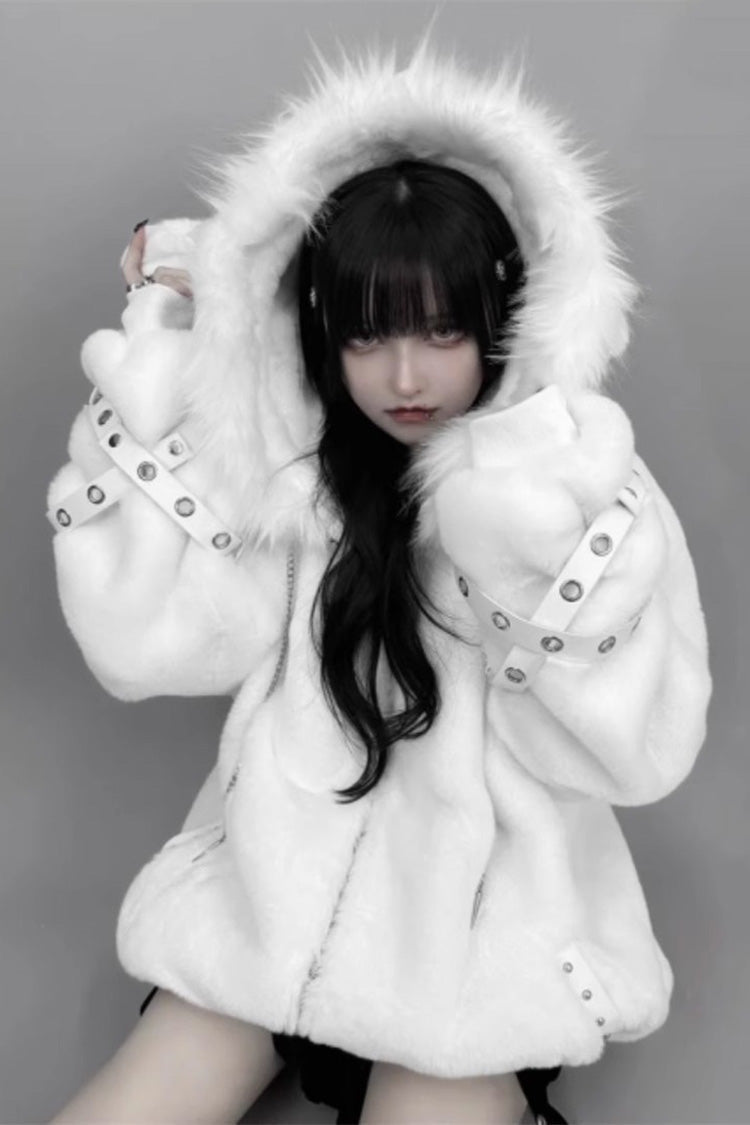 Ivory Lamb Ear Hooded Rivet Punk Japanese Jirai Kei Jacket