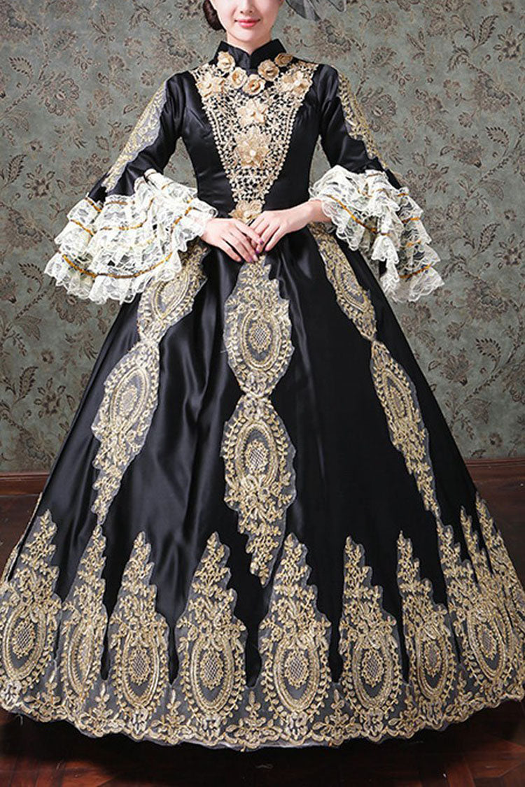 Victorian Lace Dress with Bell Sleeves and Floral Embroidery - Altfashion Shop