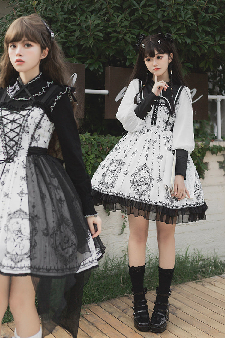 Black White Lace Ruffled Butterfly Magic Print Gothic OP