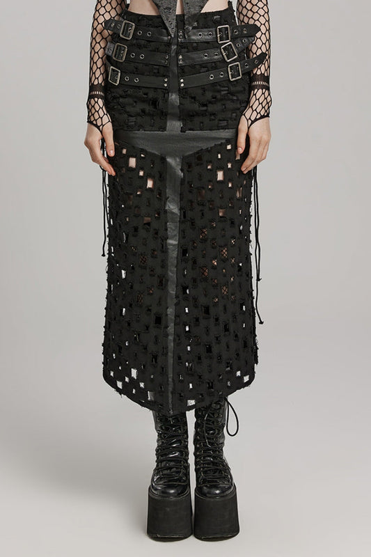 Steampunk Skirt with Cross-Taped Stitching, Lace-Up & Ripped Cutout Details