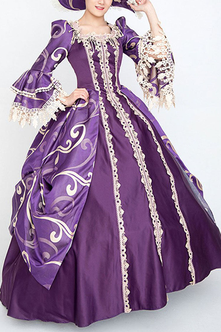 Purple Victorian Dress with Bell Sleeves and Floral Print - Altfashion Shop