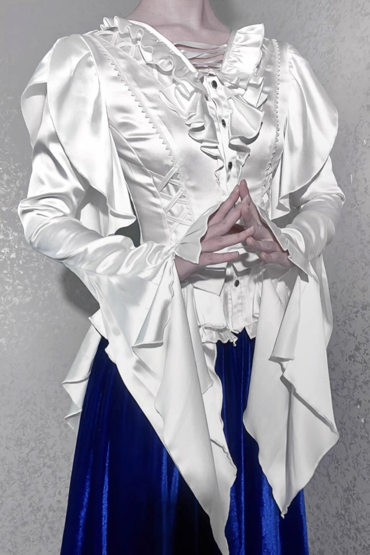 Echoes of the Deep Sea Hime Sleeve Ruffled Bow Corset Gothic Ouji Lolita Blouse in Four Shades