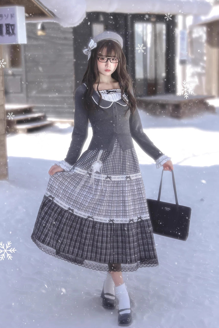 Sweet Lolita Skirt Set with Square Collar, Cut-Out Lace, Star Print, Grey