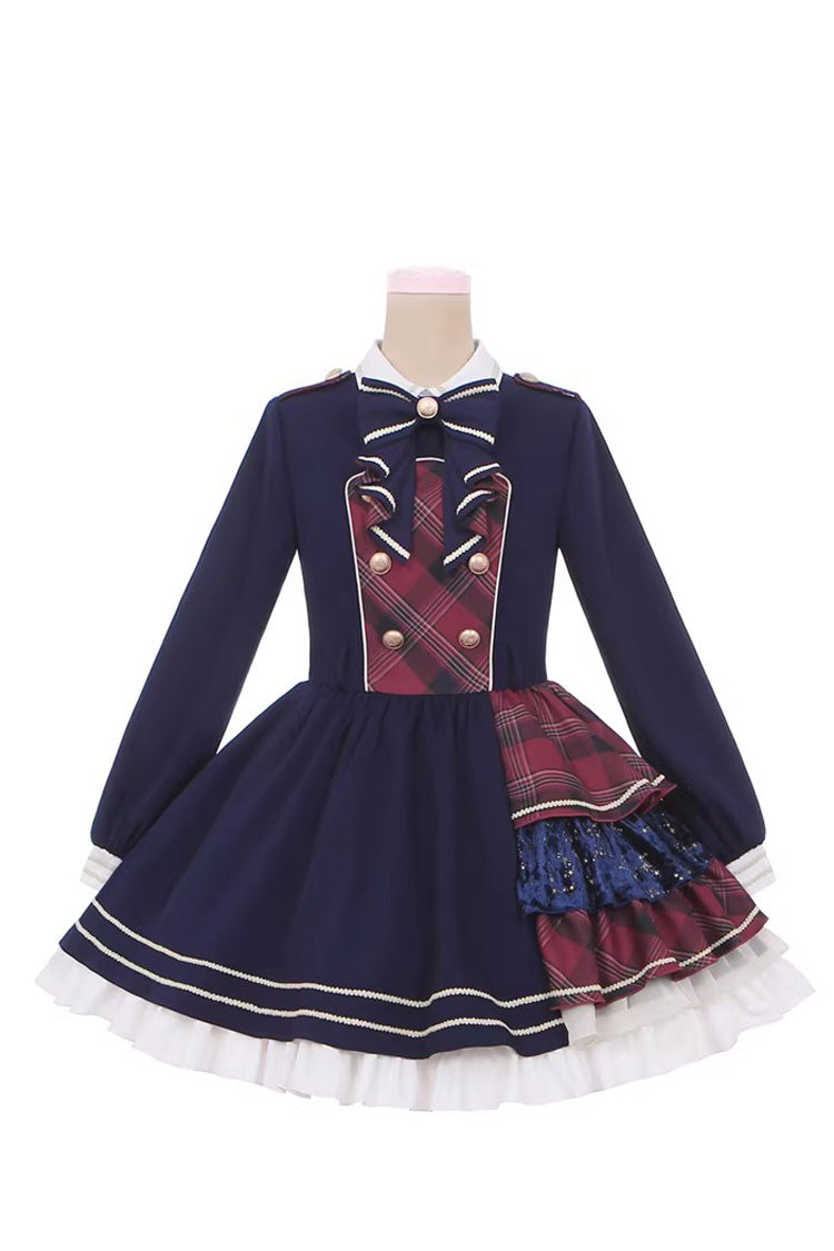 Red Dark Blue Starlight Academy Style Long Sleeves Printed Ruffled Spliced Asymmetric Faux Two-Piece Sweet Dress