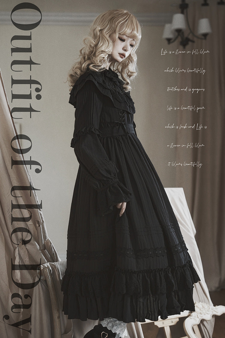 Black Good Night Long Sleeve Double-Layered Ruffle Bowknot Holy Dress
