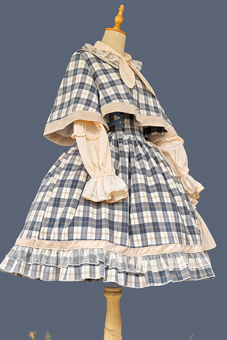 Sweet Lolita Strap Dress with Asymmetric Ruffle, High Waist, Grey/Blue Morning Tune