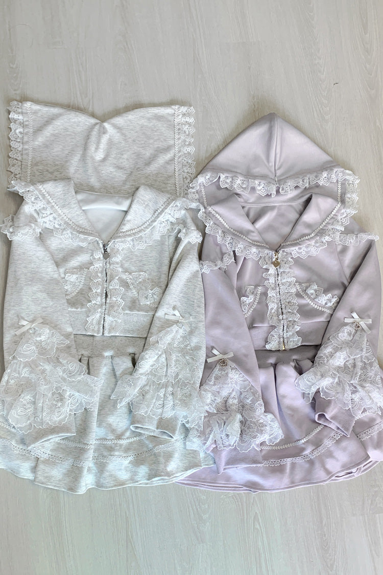 Ash Hooded Jirai Kei Set with Ruffled Lace Accents