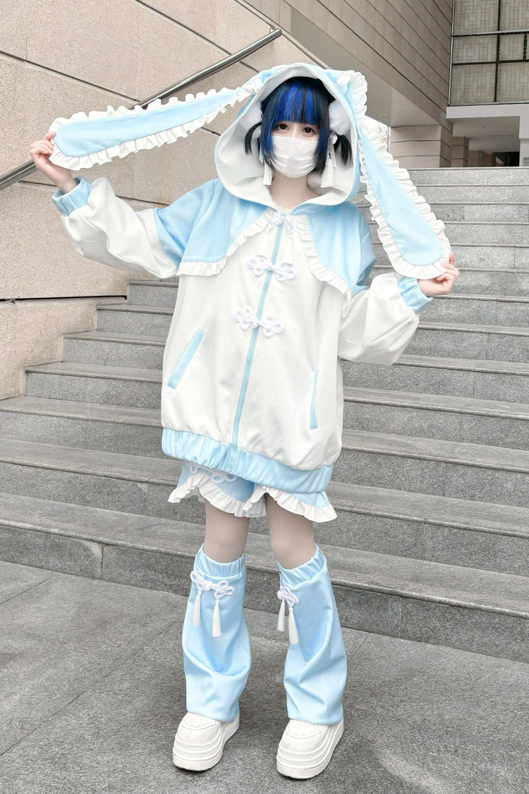 White Blue Rabbit Ear Long Sleeve Ruffled Hooded Jirai Kei Coat