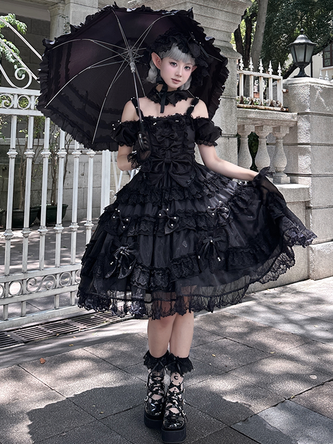 All Black Bow Accents and Bead Details Princess Lolita Dress with Big Bow at Back – MK Kawaii Store