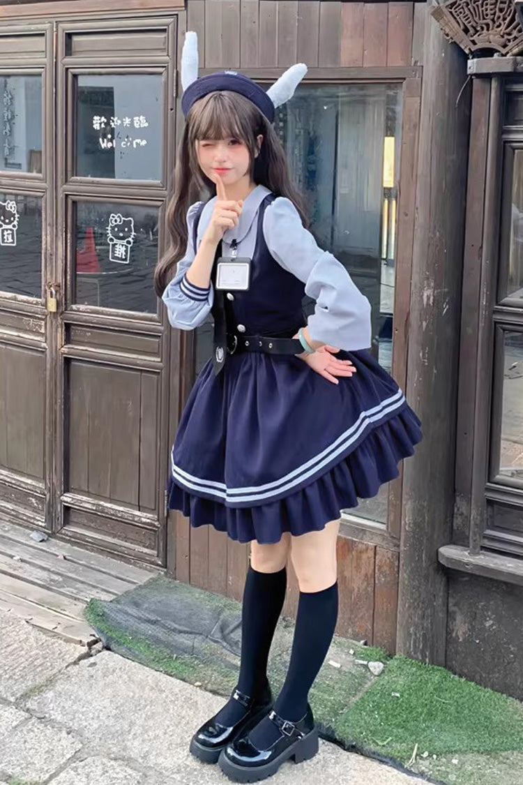 Blue Rabbit Officer Long Sleeves Printed Ruffled Faux Two-Piece College Style Sweet Dress