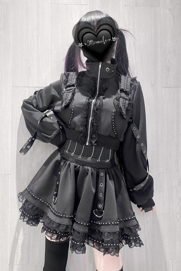 Ruffled Lace Zippered Gothic Jirai Kei Handsome Skirt Set