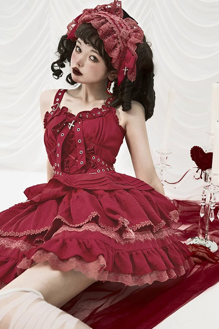 Triple-Layered Ruffled Lace-Up Gothic JSK Dress in 6 Colors - Covenant Cross