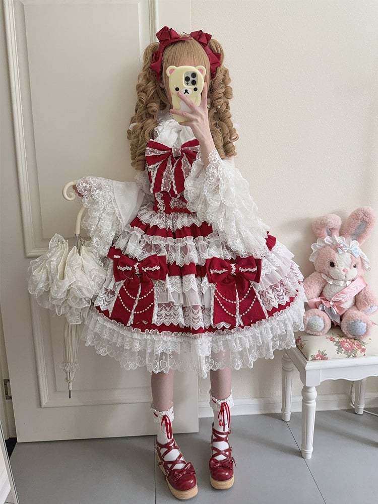 Hanayome Big Decoration Red Tiered Dress Skirt Bows Lolita