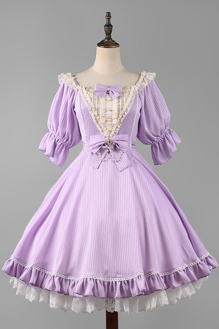 Solid Color Short-Sleeved Ruffled Bowknot Sweet OP