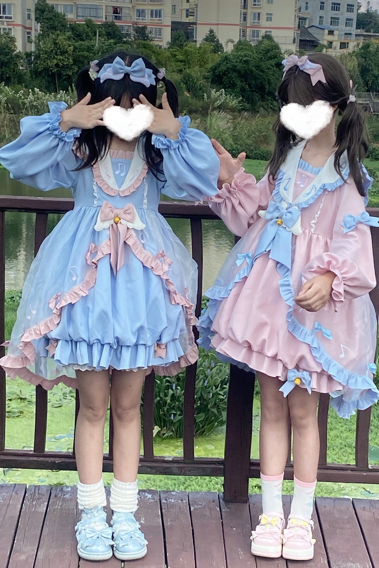 Pink Music Note Lace Sweet Lolita Dress with Bow and Ruffles