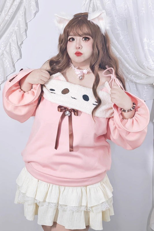 Kitten Lolita Skirt Set with Boat Neck & Lantern Sleeves