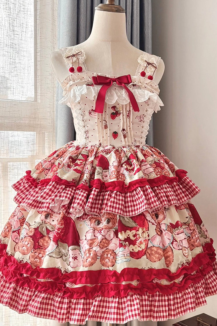 Crimson Strawberry Bear Print Sleeveless Dual-Layer Frill Bow Princess Sweet Lolita JSK