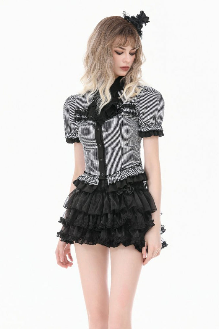 Monochrome Preppy Swallow-Tailed Blouse with Pinstripes and Detachable Tie