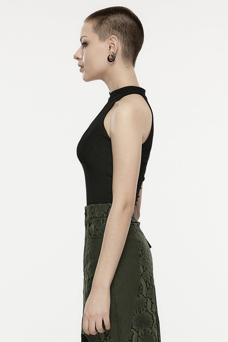 Asymmetric Punk Vest with Metal Buckle and Stand Collar