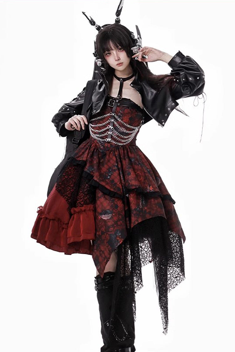 Crimson Bloody Strawberry Tears Print Sleeveless Frill Bow Lace Asymmetrical Gothic Lolita JSK