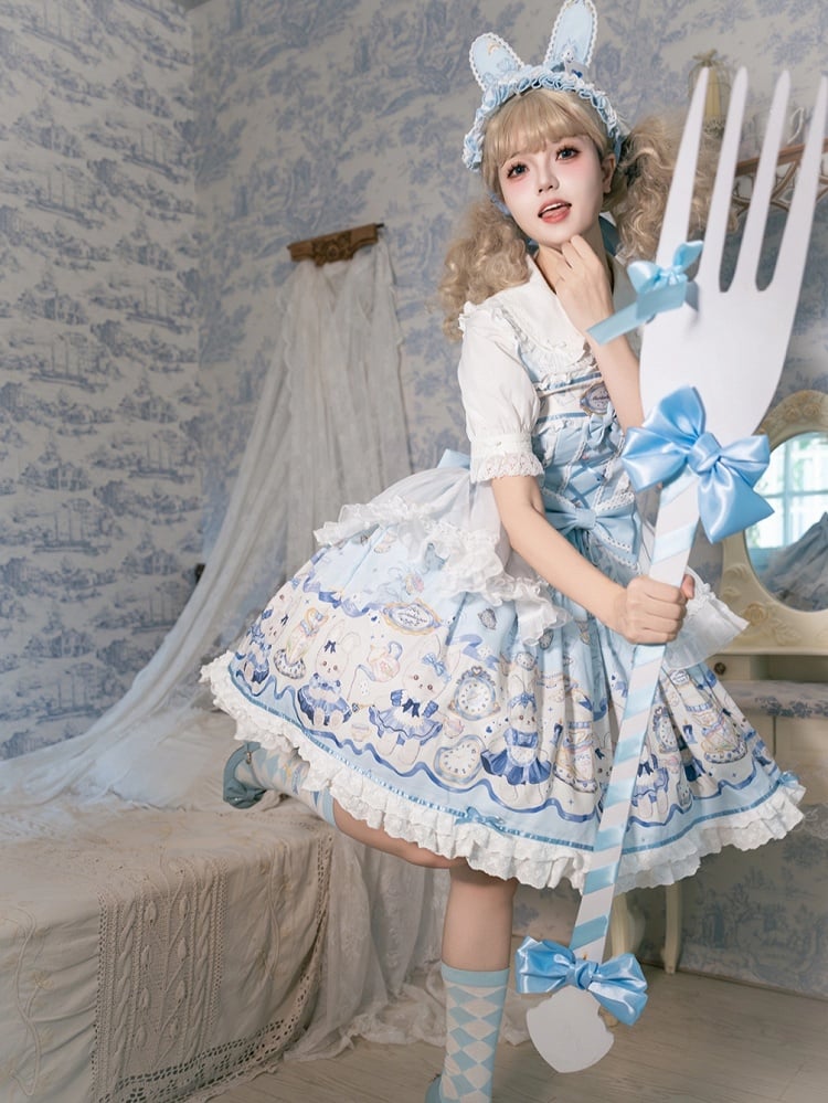 Alice Bunny Dress Lolita Print Blue and Clock Sweet