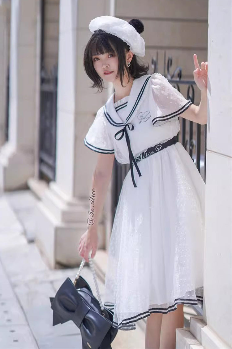 White Seaside Sweetheart Chiffon Navy Collar Short Sleeves Ruffled Lace-Up Slim Sailor Sweet Dress