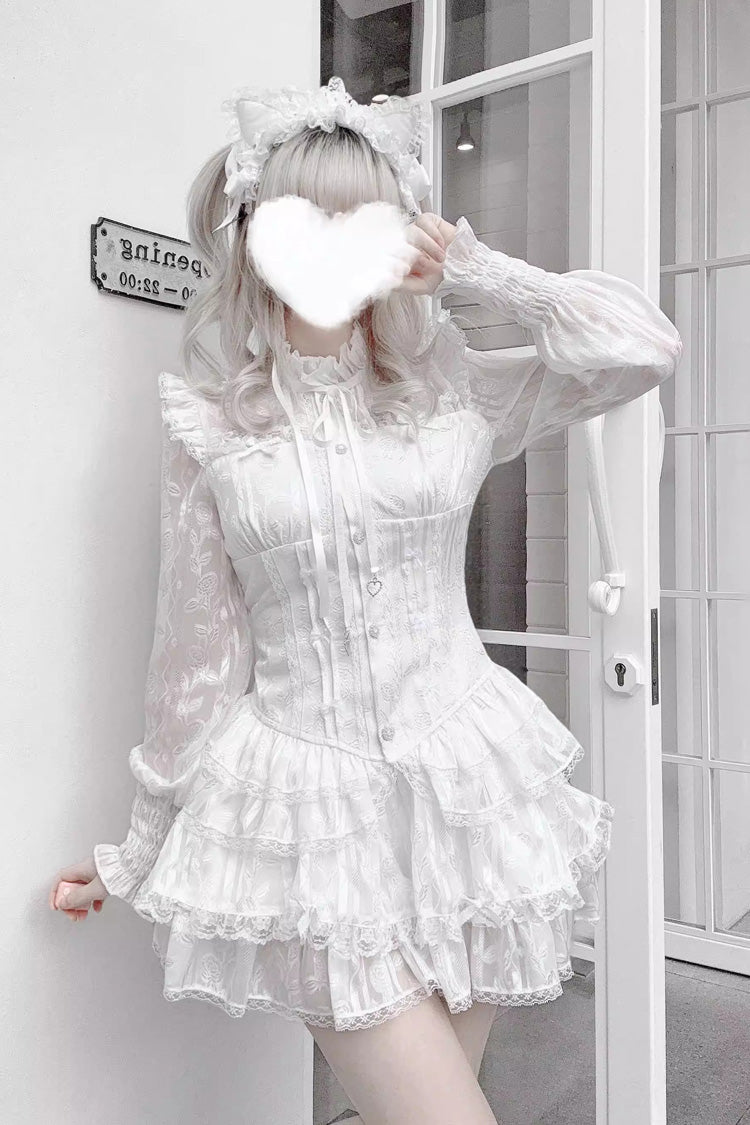 Triple-Layered Multi-Layered Jacquard Ruffled Lace-Up Gothic Jirai Kei Blouse and Pumpkin Shorts Set