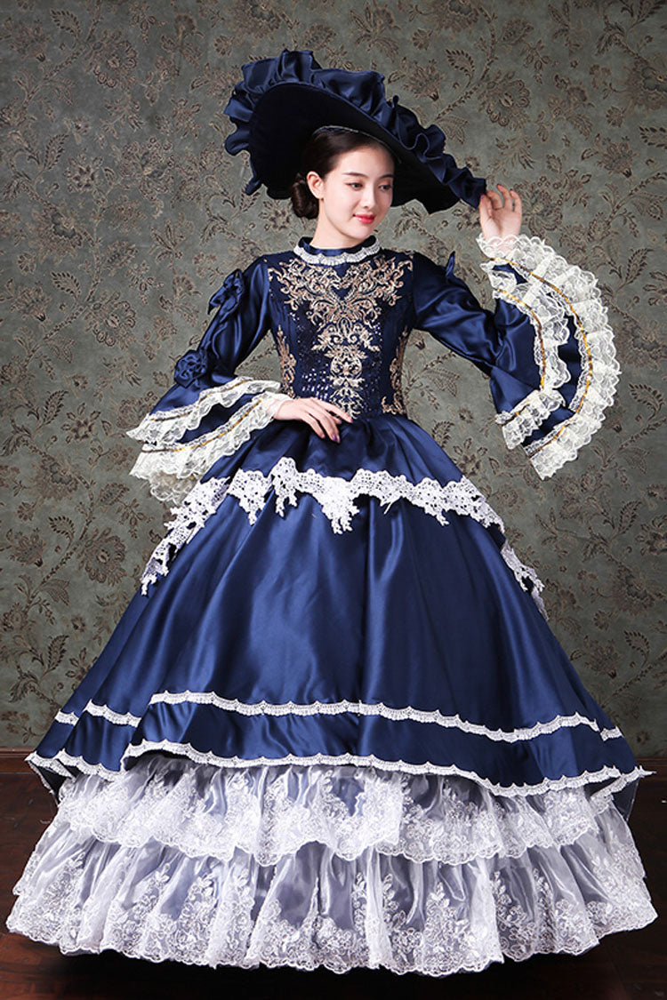 Victorian Prom Gown with Flared Sleeves, Lace, and Embroidery