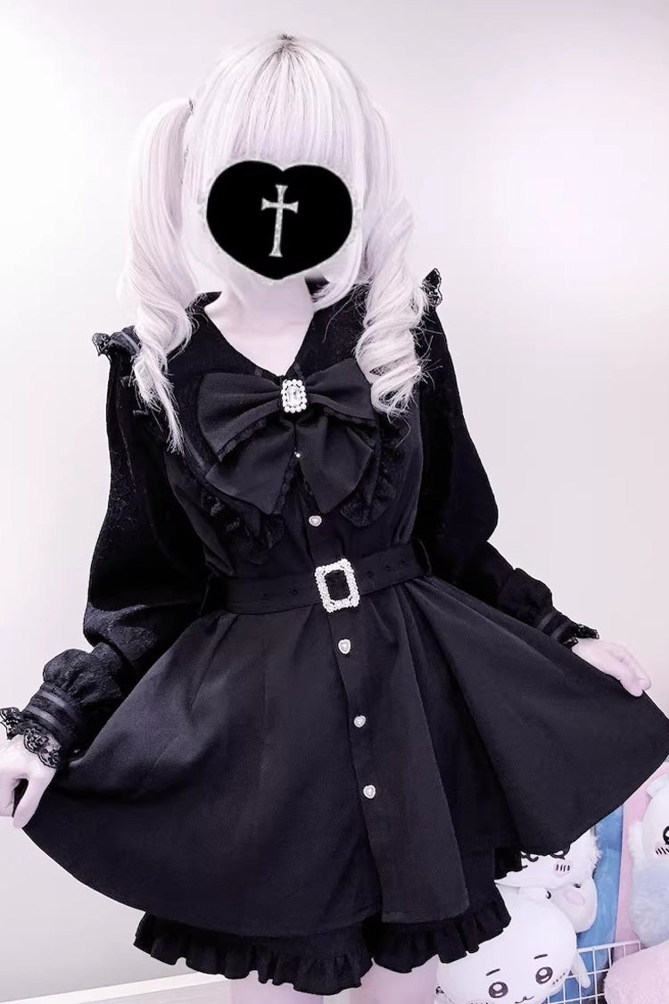 Lapel Collar Long-Sleeve Printed Ruffled Japanese Dress with Shorts in 4 Colors - Confession Fantasy