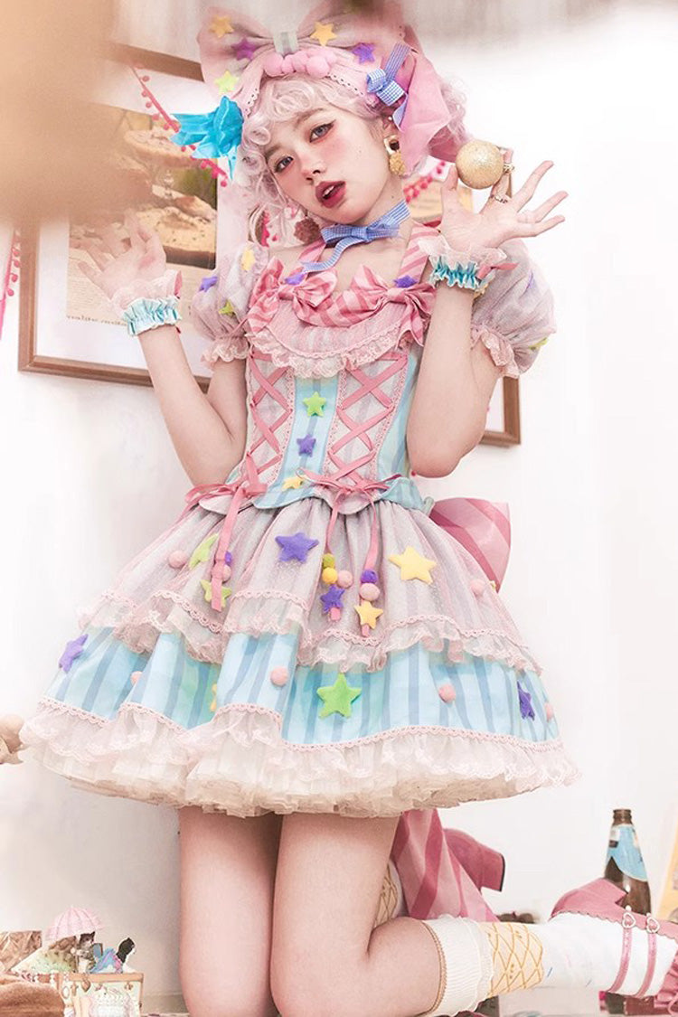 Pink Sugar Magic Printed Ruffle Bow Lace-Up Lolita Gown